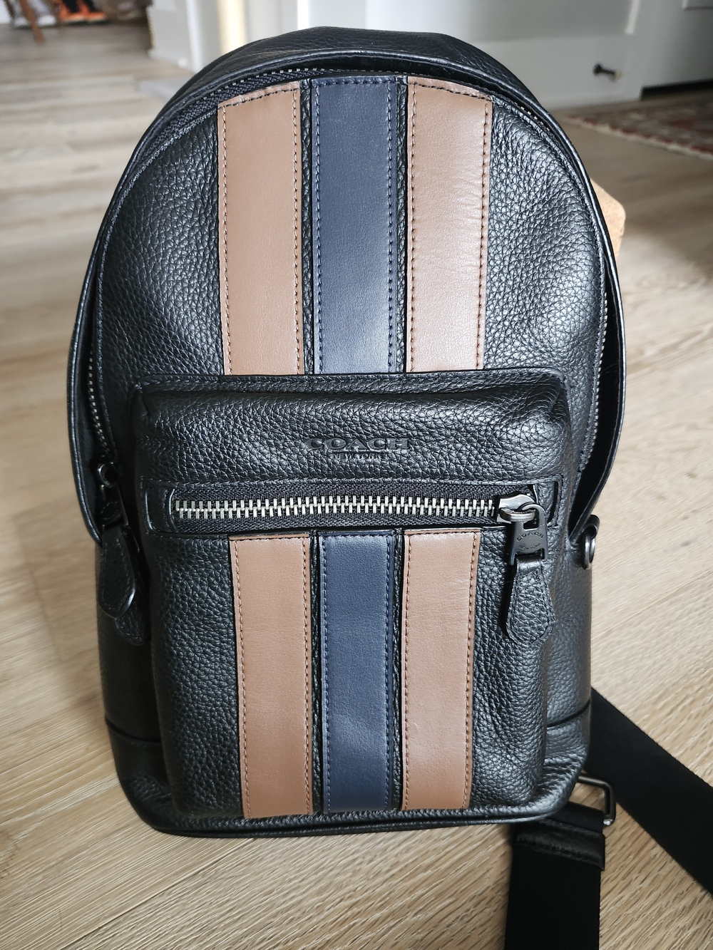 Coach Black Pebbled Leather Belt Bag with Tan & Navy Stripes